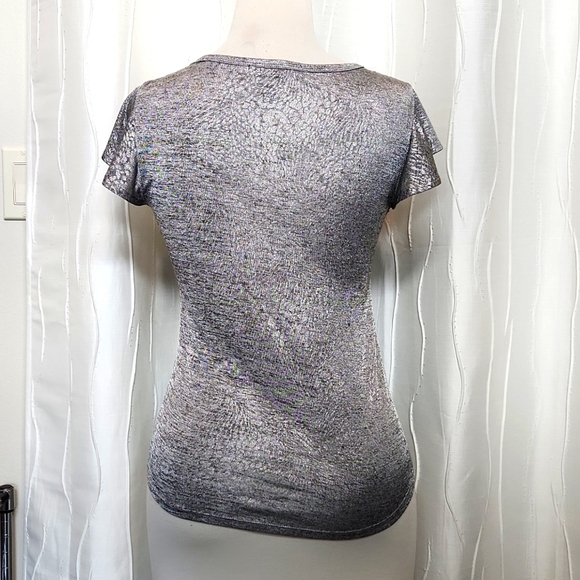 White House Silvertone Shiny V-Neck Top - Picture 3 of 5